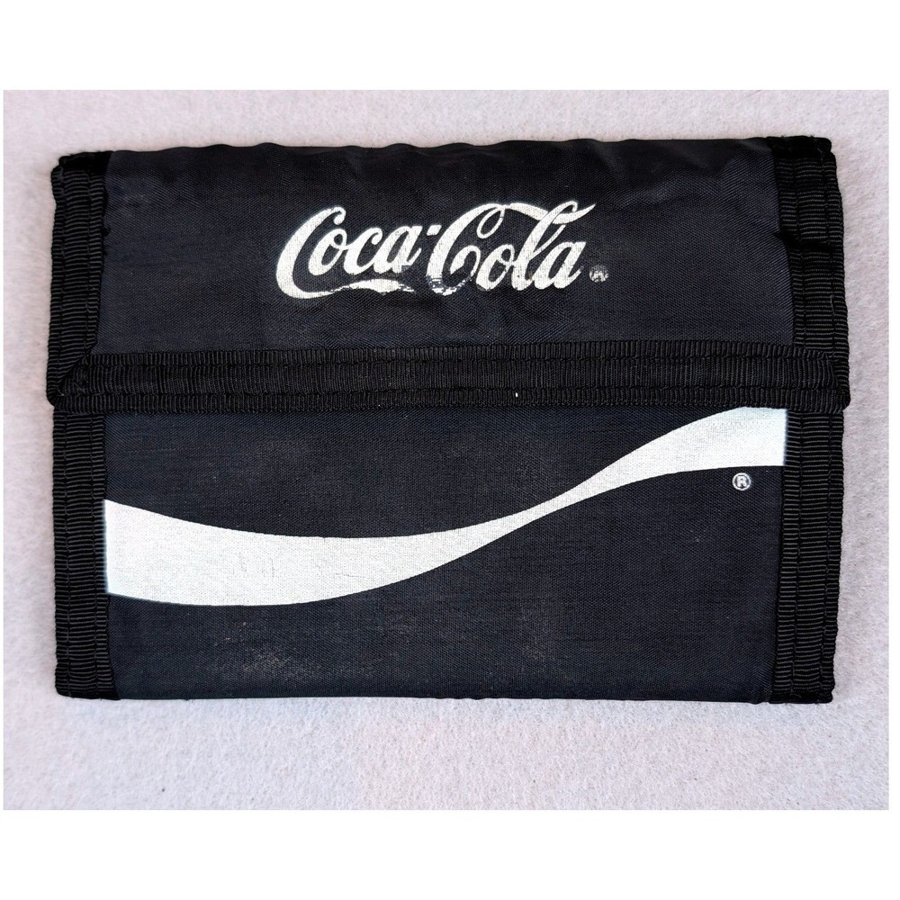 Coca-Cola Vintage Black Nylon Trifold Wallet White Logo Hook and Loop‎ Closure